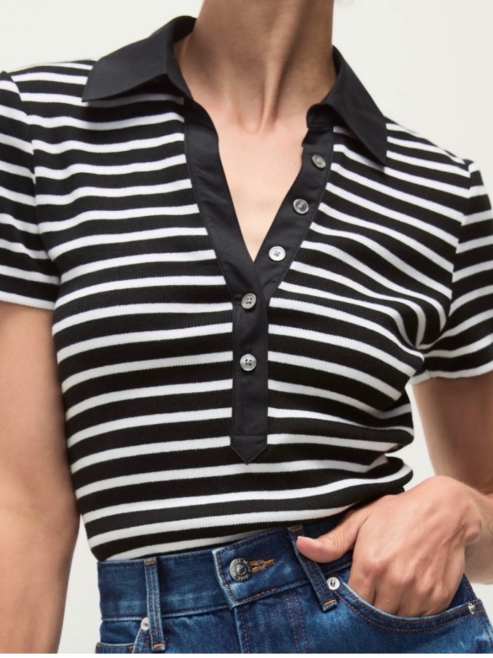 Veronica Beard Kearney Striped Polo Top Black White Ribbed Size S